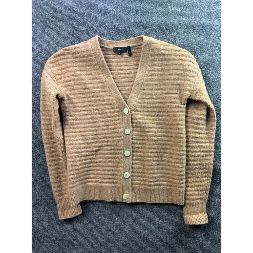 Theory Cardigan Sweater Womens P Tan Ribbed Knit V-Neck Button Front Yak Wool